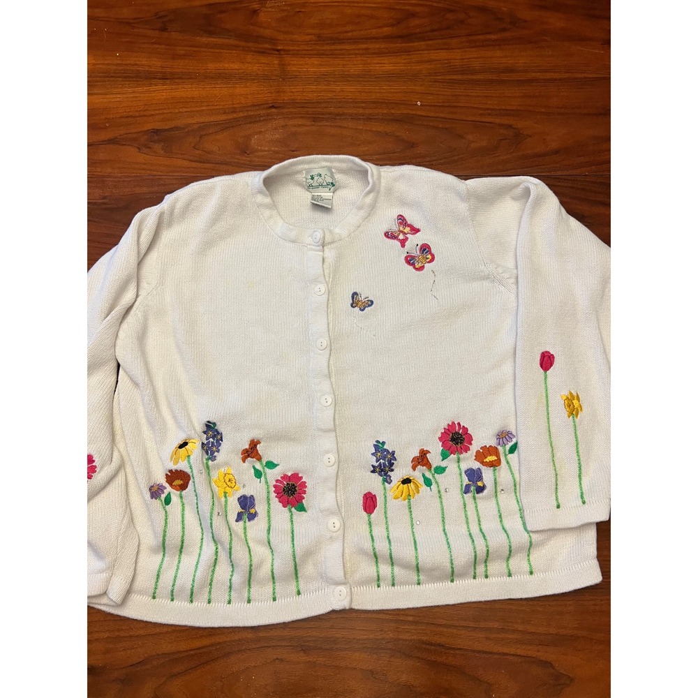 The Quacker Factory White Floral Butterfly Embroidered Cardigan Sweater 2X